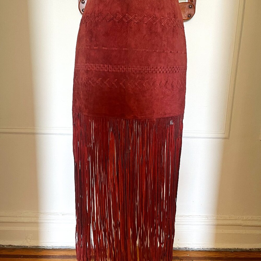 Suede full length fringe mini skirt